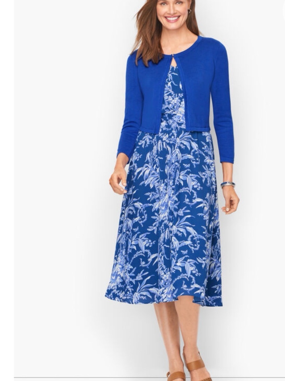 NEW TALBOTS BELTED FIT & FLARE BLUE FLORAL SHORT SLEEVE V NECK MIDI DRESS SZ 12P - Picture 2 of 14